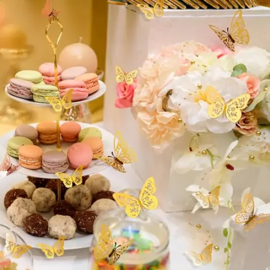 Crosize 48 Pcs Gold Butterfly Decorations, 4 Styles 3 Sizes, Butterfly Wall Decor, 3D Butterfly Party Decorations, Butterflies for Crafts, Bouquet, Cake Decorating, Flower Arrangements, Room Décor {5}