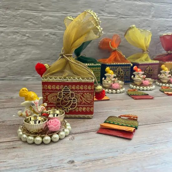 Ganesha Gift Hamper Hindu Religious Ganesh Chaturthi Diwali Puja Housewarming Teej Sankranti Return Gifts - Potli Basket Box Haldi Kumkum Packet & Ganesha Haldi Kumkum Holder {3}
