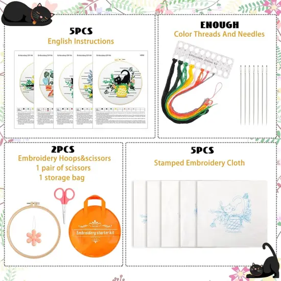 5 Sets Embroidery Starter Kit with Black Cat Patterns and Instructions {2}