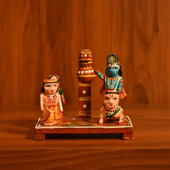 Wooden Krishna Makhan Chor Leela for Janmashtmi Golu Decoration Handpainted Kondapalli Krishna Set Show-piece for Home Temple Shelf Display Table Decor Gifting Item {4}