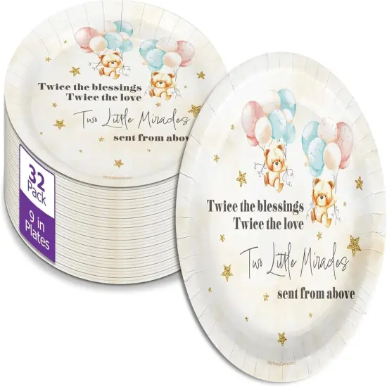 Twin Teddy Bear Baby Shower &ndash; 32 Pcs Disposable Party Plates Set {1}
