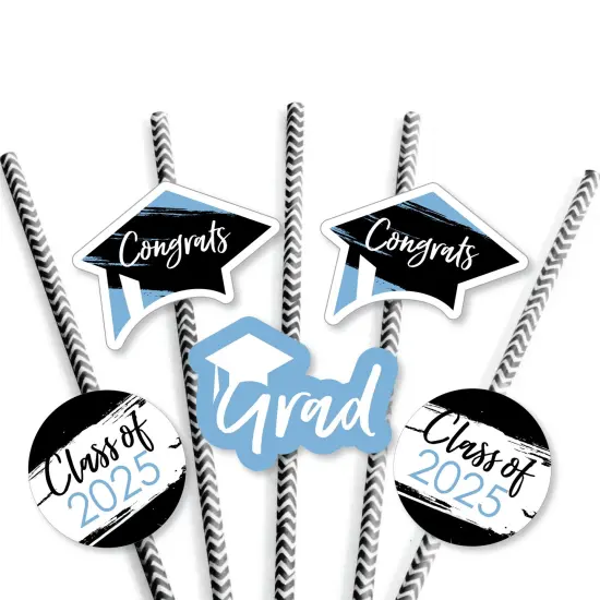 Big Dot of Happiness Light Blue 2025 Graduation Paper Straw Decor - Party Striped Decorative Straws - Set of 24 {7}