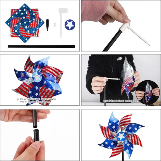 10 Pack Reflective Pinwheels Patriotic Decorations, American Flag on Stick Wind Spinner with Stake for Independence Day {5}