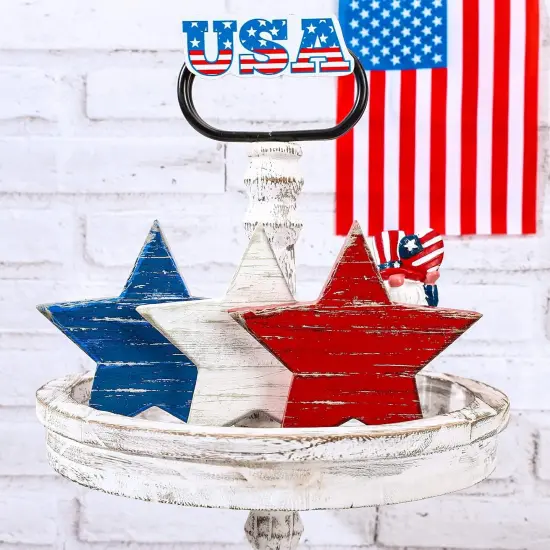 4th of July Wooden Star Signs Patriotic Rustic Star Shape Tiered Tray Decor Red Blue White Wood Star Blocks Retro Freestanding Table Signs for Independence Day Farmhouse Home Decor, 3Pcs {2}