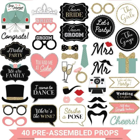 Fully Assembled Wedding Photo Booth Props - Set of 40 - Gold, Pink, Teal, & Silver Selfie Signs - Wedding Party Supplies & Decorations - Cute Designs with Real Glitter - Did We Mention No DIY {1}