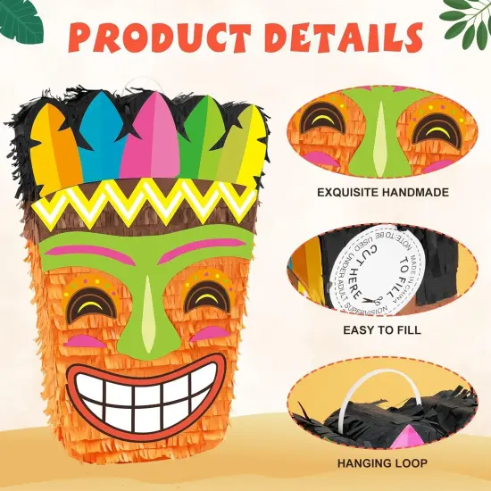 Tiki Pi&ntilde;ata -Tropical Hawaii Pi&ntilde;ata with Blindfold and Bat for Girls Boys Kids Pi&ntilde;ata Hawaiian Luau Themed Party Decorations {3}