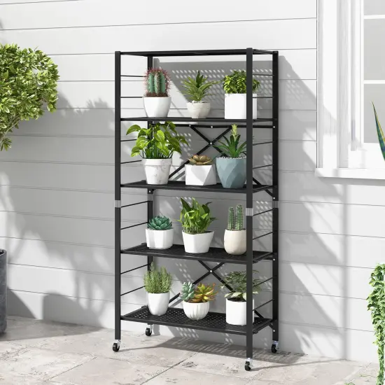 Black Metal Folding Storage Rack, Adjustable 5-Tier Shelf with Wheels {2}