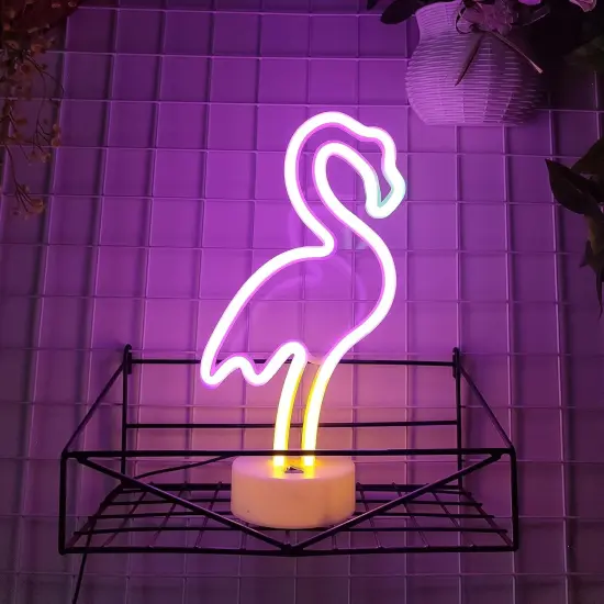 Flamingo Neon Sign with Holder Base, USB or 3-AA Battery Powered Neon Light, LED Desktop Decoration for Parties, Business Displays, and Summer Events (Multicolor) {3}