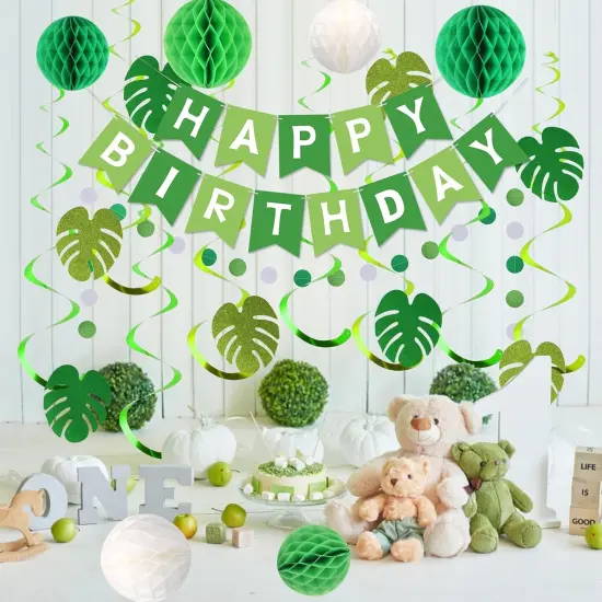 Green Birthday Party Decorations - Happy Banner with Honeycomb Balls {2}