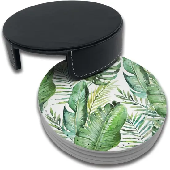 Set of 6 Green Tropical Palm and Fern Leaves Leather Drinks Coasters with Holder {3}