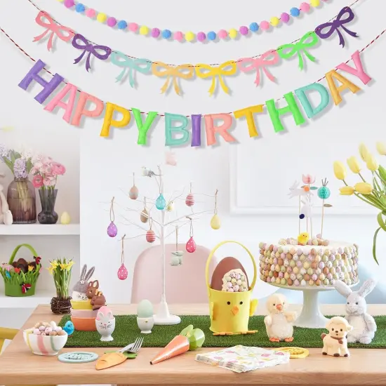 3Pcs 118 Inch Pre-Strung Happy Birthday Felt Banner - Felt Ball Garland -Pastel Birthday Banner with Bow Party Decorations Party Garland for Wall Decoration {3}