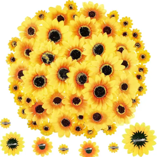 50 Pieces Clip-on Artificial Sunflower Heads &ndash; Faux Silk Yellow Flowers with Clips for Summer Bouquets, DIY Crafts, and Outdoor Decor (3.7/3/1.6 in) {1}