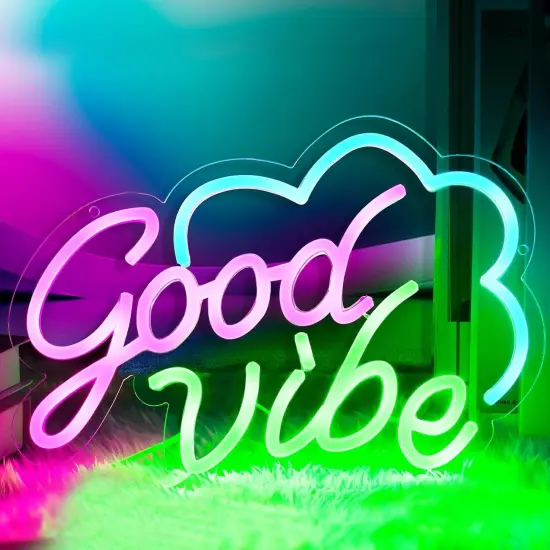 Good Vibe Neon Sign &ndash; Pink LED Wall Decor for Bedroom, USB Powered & Dimmable Summer Accent Light {1}