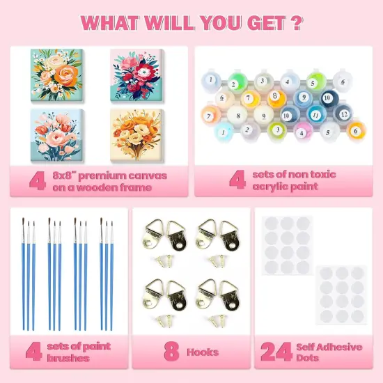 4 Pack Flowers Paint by Numbers for Adults Beginners Framed, Adults' Paint-by-Number Kits, Easy Adult Paint by Number Kits on Canvas, Acrylic Number Painting for Home Decor, 8x8in {5}