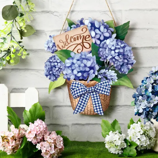 Summer Porch Sign Decor, Hydrangea Flowers Spring Wreath for Front Door, Welcome Hanging Sign for Home, Summer Decor Sign {4}