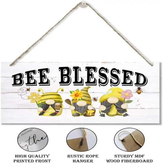 Bee Wood Sign, Decorative Wood Hanging Wood Plaque, Wall Decor Art, Cute Gnome Decor, Spring Decor, Rustic Door Hanger, Home Wall Decor, Decorations for Kitchen Bathroom Living Room, Bee Blessed Sign {4}