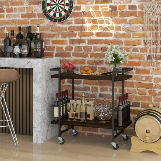 Rustic Brown Engineered Wood Metal 2-Tier Home Bar Cart and Easy Mobility {2}