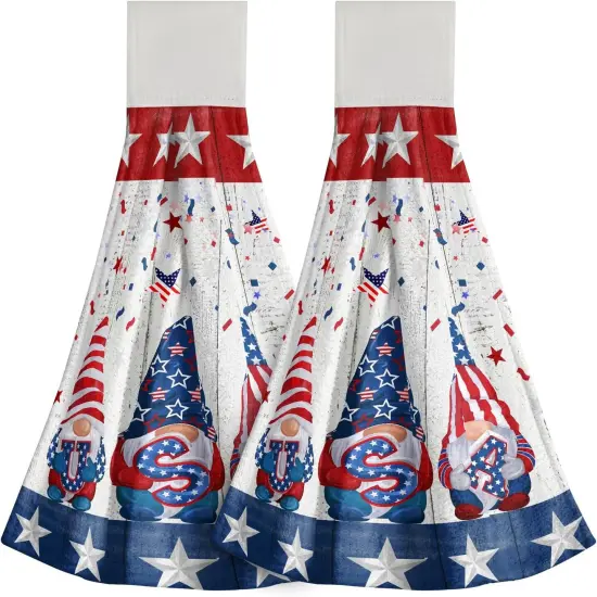 2PCs USA Gnome Kitchen Hanging Towels Memorial Veteran Day Patriotic Hand Tie Towel with Loop & Hook America Flag 4th of July Stars Soft Dish Cloth Fast Drying for Bathroom Farmhouse Home Decor {1}