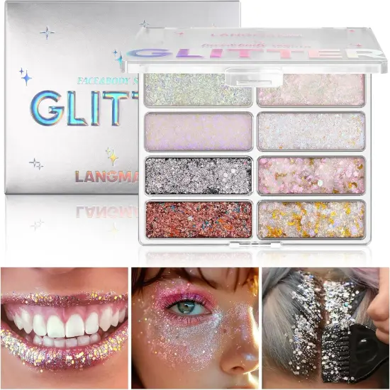 8 Colors Face & Body Glitter Palette - Holographic Changing Sparkling Mermaid Sequins for Women Girls Music Festival Party Rave Makeup(#A) {1}