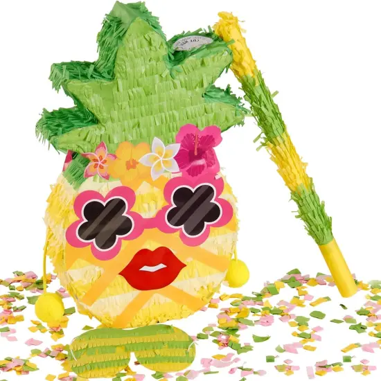 Small Pineapple Pinata, with Blindfold and Stick for Hawaiian Tropical Luau Party Supplies, Summer Fruit Themed Birthday Party Decorations for Girls Boys Kids {1}