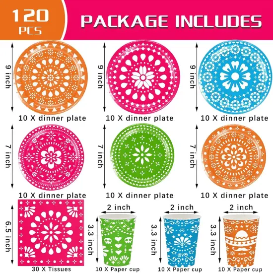 120Pcs Fiesta Plates and Napkins Party Supplies Mexican Cinco De Mayo Party Tableware Set Mexican Party Decors Mexican Fiesta Cups for Taco Carnival Party Decorations Serves 30 Guests {2}