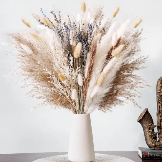 Dried Pampas Grass Bouquet &ndash; Floral Decor for Home, Wedding, Mantel & Table Centerpiece &ndash; Beige & White Pampas, Bunny Tail Dried Flowers, Lavender &ndash; Boho Chic, Rustic Farmhouse & Aesthetic Room Decor {1}