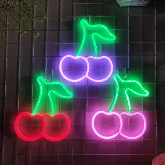 Summer Cherry Neon Sign, USB or 3-AA Battery Powered Neon Light, LED Table Decoration, Bedroom Wall Decoration, Birthday Gift, Wedding Supplies Business Gift (Green+Pink) {5}