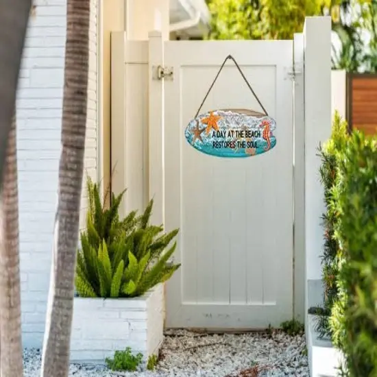 Summer Beach Sign &ndash; "A Day at the Beach Restores the Soul" Surfboard Decor with Starfish, Sea Horse, and Scallop Decoration, 18x6.4in Wall Plaque for Beach House and Door Decor {3}