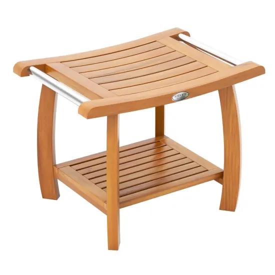 2-Tier Teak Wood Slatted Design Shower Bench Stool with Curved Seat and Bottom Storage Shelf {1}