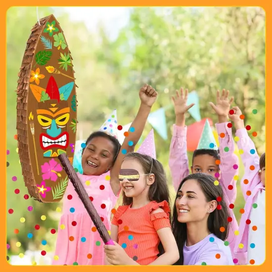 Tiki Pi&ntilde;ata Surfboard Pinata Tropical Pinatas Hawaiian Luau Pinatas with Stick Blindfold Confetti {4}