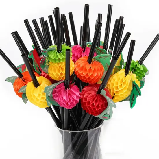 100pcs Fruit Drinking Straws, Disposable Honeycomb Plastic Straws, Tropical Hawaiian Beach Cocktail Pool Luau Party Decorations Supplies {1}