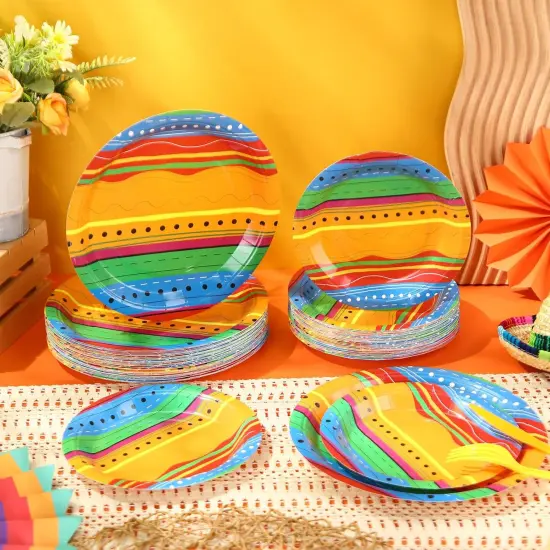 100 Pack Mexican Independence Day Fiesta Paper Plates Colorful Stripes Dinner Plates and Mexican Serape Dessert Party favors for Birthday Taco Party Supplies {4}