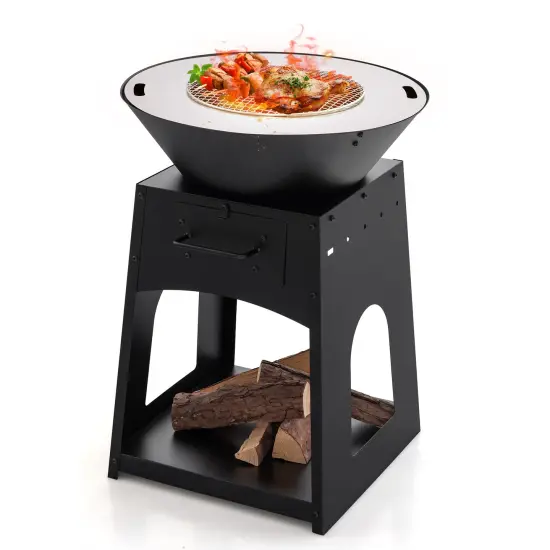 Black Metal Fire Pit with Grill and Ash Drawer and 2-in-1 Heating {2}