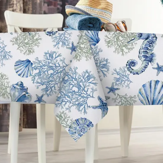 Blue Beach Tablecloth 60 x 84 Inches &ndash; Coastal Ocean Table Cover with Conch, Coral, Starfish & Seahorse for Summer Dining, Picnic, or Party Decor {4}