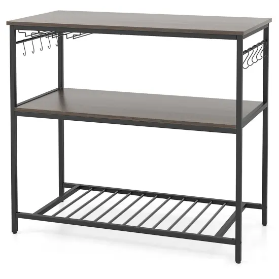 Grey Wooden Kitchen Island with 3 Shelves Wine Glass Holders and 10 Metal Hooks {1}