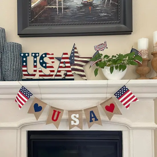 4th of July Wood Patriotic USA Sign Memorial Day Tabletop Decoration Free Standing Wooden Word Cutout US Flag Letters Centerpiece Sign for Independence Day Veterans Party American Decor {3}
