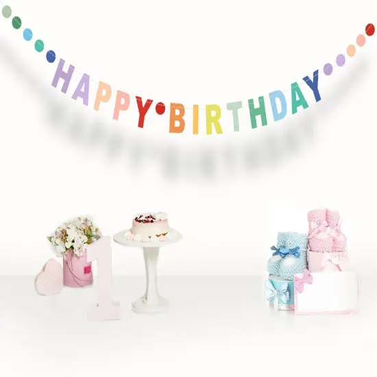 Happy Birthday Banner,Pre-Strung Colorful Cardboard Birthday Banner with Colorful Dot Decoration Garland, Rainbow Theme Party Supplies {1}