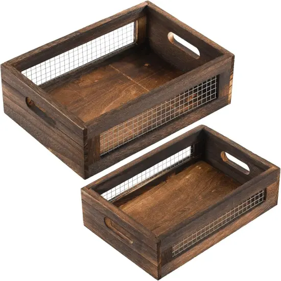 Set of 2 Rustic Nesting Boxes, Wooden Organizer Crates Basket {3}