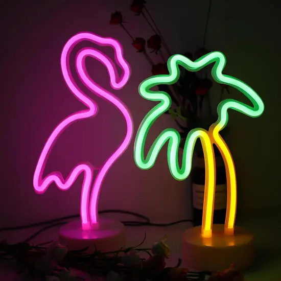 2 Packs Decoration Neon Signs Light Pink Flamingo and Green Palm Tree Neon Tabletop Decor Lights USB/Battery Powered Neon Lights for Bedroom Girls Kids Birthday Party Christmas - Flamingo & Palm Tree {1}