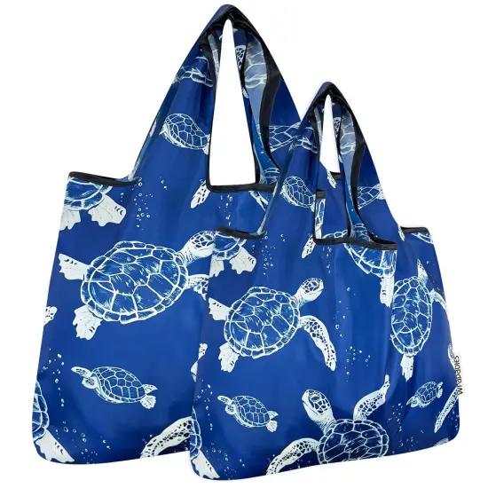 Wrapables Large & Small Foldable Tote Nylon Reusable Grocery Bags, Set of 2, Marine Turtles {1}