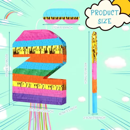 Rainbow Number Pi&ntilde;ata for Girls Boys Birthday Foil Number Pi&ntilde;ata with Blindfold Stick Confetti for Kids Birthday Anniversary Tie Dye Groovy Party Supplies Decorations Favors(Rainbow) {2}