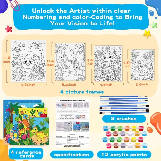 4 Pack Paint by Numbers for Kids, Pre-Drawn Canvas Painting Kit, Includes 12 Paints and 8 Brushes, DIY Painting for Classroom Games Home Wall Decor, Kids' Paint by Number Kits {3}