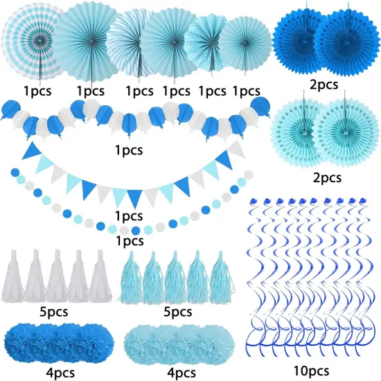 41 Pcs Blue Papar Fans Pompoms Garlands Decorations {3}