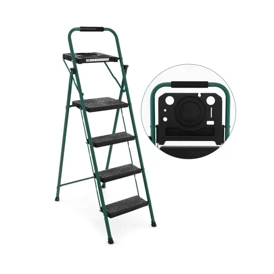 Metal Foldable 4-Step Ladder with Tool Tray Non-Slip Footpads and Wide Pedals {1}