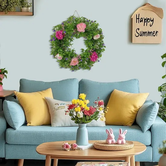 Summer Wreath for Front Door &ndash; 18" Artificial Floral Wreath with Green Leaves, Weatherproof Rustic Wreath for Farmhouse Home Decor {4}