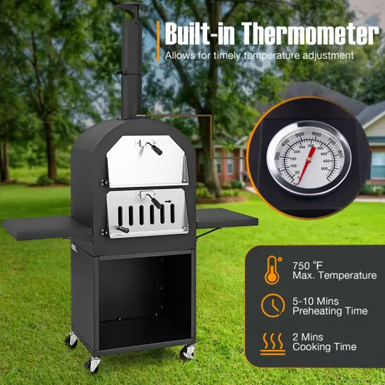 Outdoor Wood-Fired Pizza Oven with Wheels, Thermometer & Accessories {6}