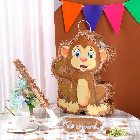Pi&ntilde;ata Bundle with a Blindfold and Bat (16 x 12 x 3 Inches), Cute Animal Pi&ntilde;ata for Birthday Party Toys Decoration for Animal Theme Birthday Party Game Supplies Photo Prop(Monkey) {2}