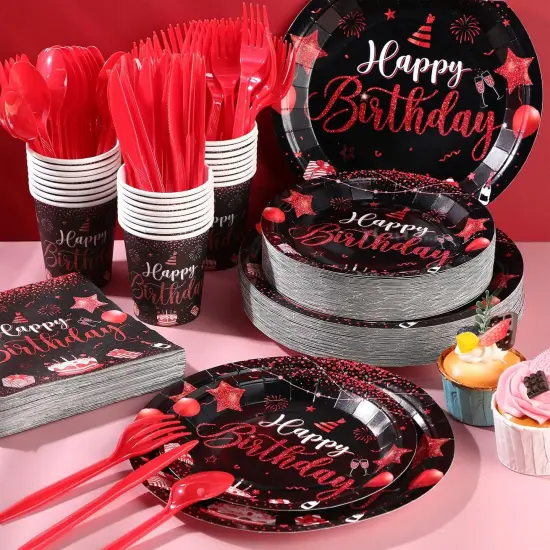 350 Pcs Happy Birthday Party Supplies Disposable Party Tableware Set Serves 50 Included Plates Napkins Cups Cutlery for Men Woman 50th 80th Birthday Party Decorations (Black Red) {2}
