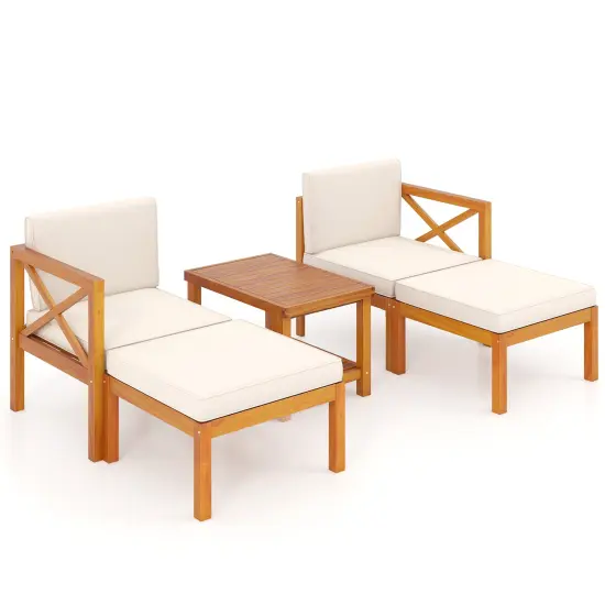 Off-White Cushioned Acacia Wood Patio Set, Modular 5-Piece Sectional {1}