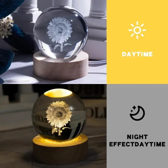 "Summer Tabletop Decor: 3D Laser Etched Sunflower Crystal Ball with Stand &ndash; 60mm Glass Sphere Lamp, Night Light, Sunflower Figurine, Glass Paperweight for Bright Seasonal Displays" {3}
